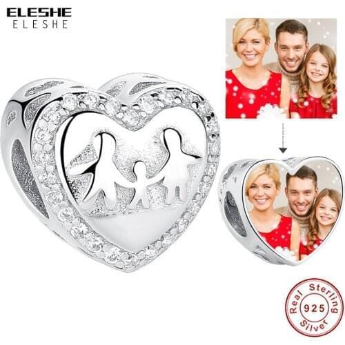 ELESHE 100% 925 Stering Silver Heart Family love Crystal Charm Customize Photo Beads Fit Original Bracelets Women DIY Jewely