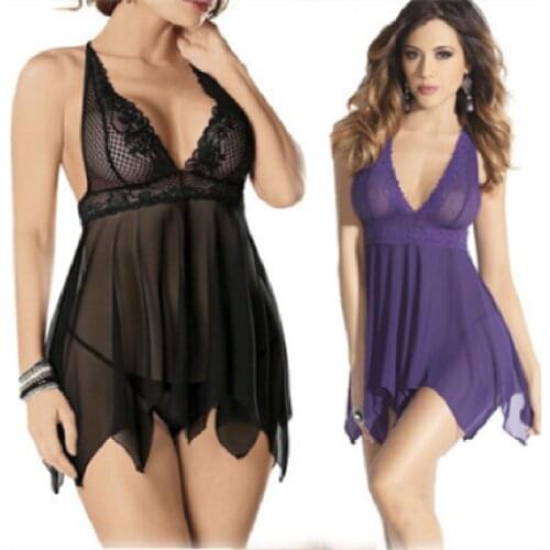 Hot Style Ladies See-Through Sexy Lingerie Women Lace Suspenders Erotic Mesh Nightdress M-2XL Black Purple