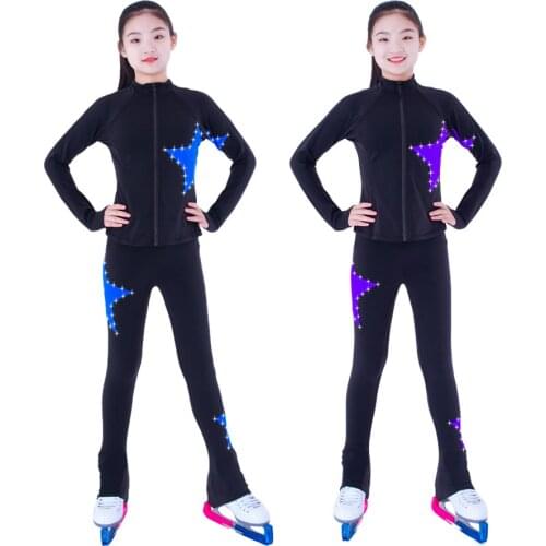 Customized Figure Skating Suits Jacket and Pants Long Trousers for Girl Women Training Ice Skating Warm black pink Mesh sleeve