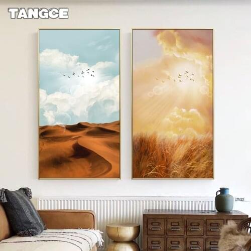 Abstract Landscape Art Posters Prints Nordic Desert Sunrise Canvas Painting Sky Clouds Wall Pictures for Living Room Wall Decor