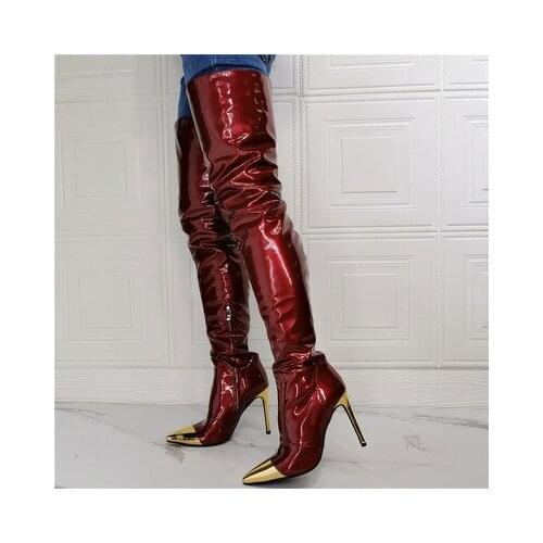Fashion Burgundy Patent Leather Thigh High Over the Knee Womens Long Boots Gold Pointed Toe Heels Stiletto Paris Runway Shoes