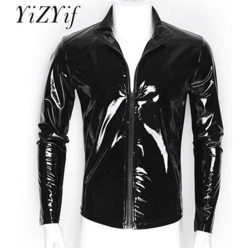 YiZYiF Men Shiny Metallic Front-Zip Stand Collar Tops Wet Look Sexy Patent Leather Nightclub Style Long Sleeve Tops For Men