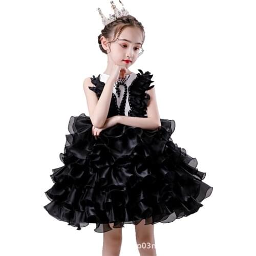 Fancy Pageant Formal Party Evening Wedding Costume Tutu Princess Dress Black Swan Flower Girls Children Kids Girl Red Clothes