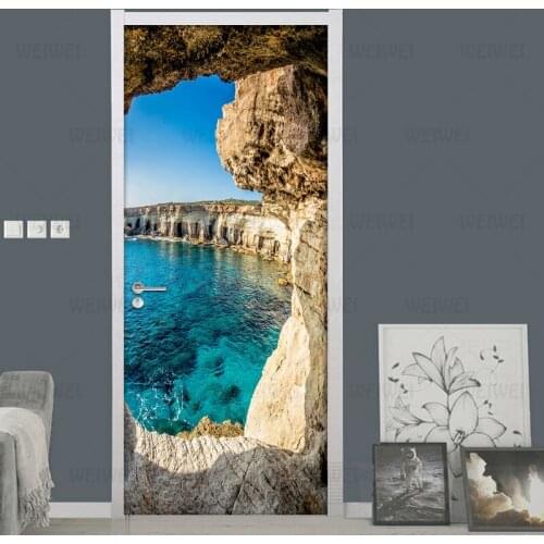 Cave Seascape 3D Photo Wallpaper Murals PVC Waterproof Self-adhesive Door Sticker Creative DIY Door Poster Wall Mural Stickers