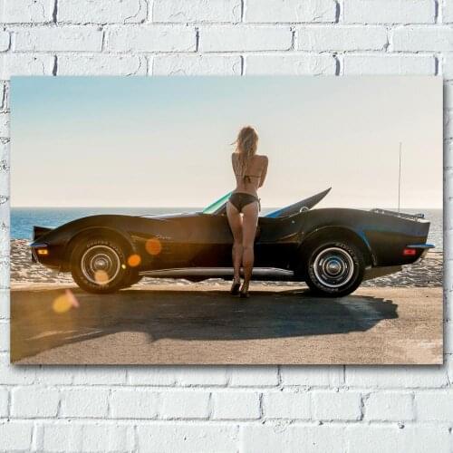 Retro Car convertible Blonde Girl beach bikini Wall Art Posters Canvas Printed Artwork Painting for Living Room Decor