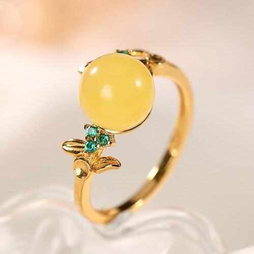 Natural 925 sterling silver gilt leaf inlaid round shape amber simple temperament amber rings resizable women rings