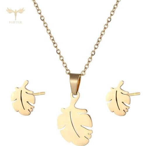 Golden Leaf Necklace Earring Casual Womens Jewelry OL Style Womens Necklace Earrings Accessories Stainless Steel Jewelry Set