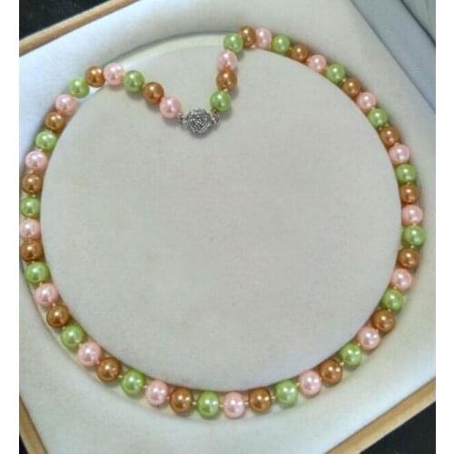 Woman classic jewelry necklace 8mm round bead bright green pink mixed Natural SOUTH SEA SHELL PEARL NECKLACE 18'' 45cm