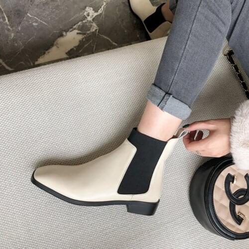 Genuine Leather Restore Martin boots womens European and American flat sole thick heel square Toe Chelsea short boots