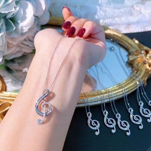 Luxury 925 Silver Jewelry Shiny Zircon Musical Note Pendant Necklaces for Women Elegant Sweater Necklace Chain Fine Jewelry