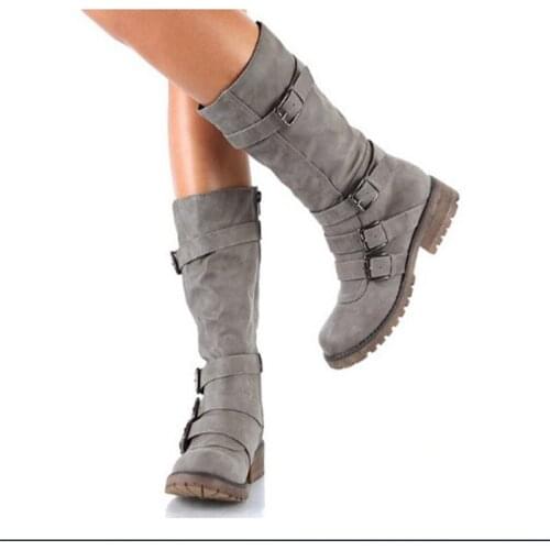 Fashion Women Buckle Boots Spring Winter Mid-Calf Heels High Quality Suede Comfort Square Chunky Boots Coturno Feminino