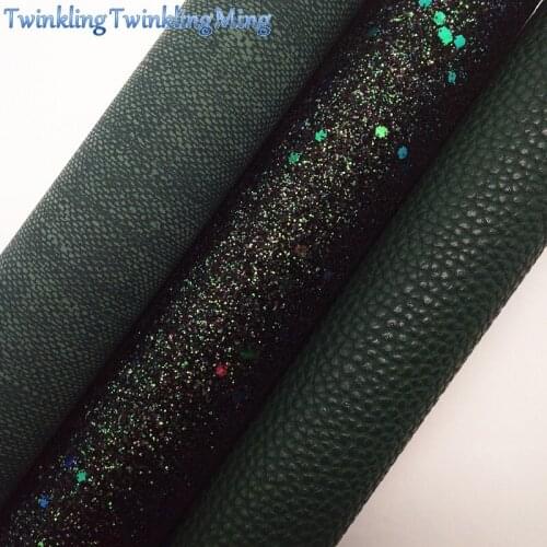 Dark Green Glitter Fabric, Denim Faux Fabric, Litchi Synthetic Leather Fabric Sheets For Bow A4 21x29CM Twinkling Ming XM749