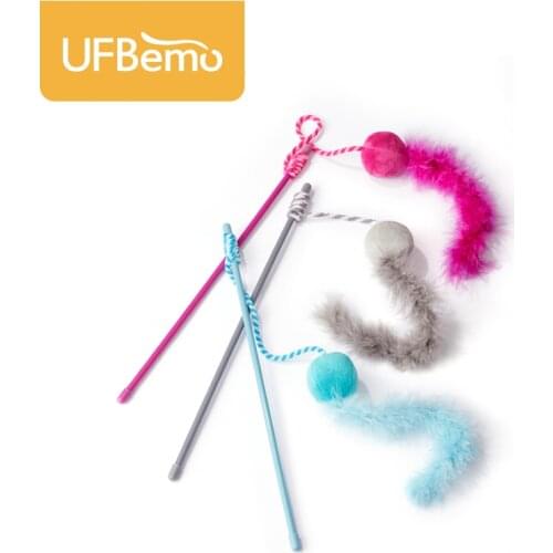 UFBemo Real Feather Wand Cat Toy Plush Ball Toys for Cats Fake Mouse Tail Interative Stitcker Jouet Chat with Bell Pet Kitten