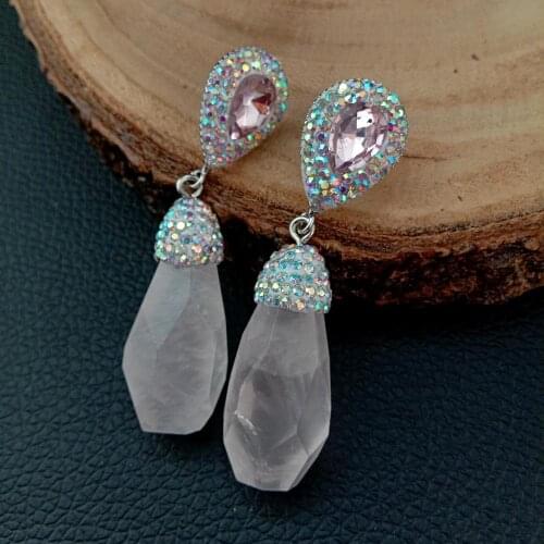 YYGEM Natural Rose Quartz Teardrop Crystal Pave Post Earrings Cute style for women