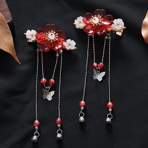 1Pair Hair Clips Flower Design Headwear Chinese Style Girls Vintage Tassel Hairpin Lovely Ornament Kids Hair Accessories for Fes