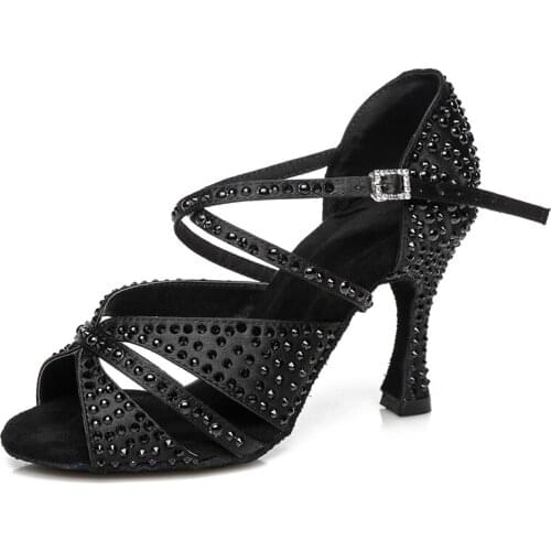 Girls Rhinestone Ballroom Dance Shoe Black Nude Woman Pearl High Heels Dance Sandals for Women Bachata Salsa Latin Dancing Shoes