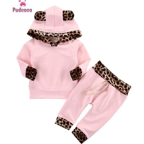 2pcs Newborn Baby Girl Clothing Set Thanksgiving Kids Girls Pink Long Sleeve Leopard Hoodie Sweatshirt+Pants Outfits Set