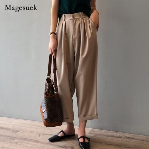 2021 Autumn Spring Fashion New Pants for Women Casual Suit Pants Korean Style Ankle-length High Waist Loose Straight Pants 16328