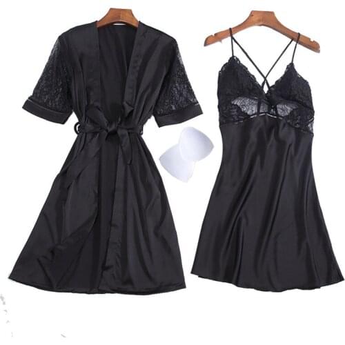 Black Classic Lace Patchwork Gown Set 2PCS Sexy Satin Lady Robe Suit V-Neck Solid Kimono Gown Hollow Out Nighties With Chestpads