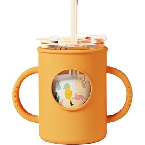 Anti-falling Baby Milk Cup with Straw Silicone Double Handle Sleeve Children Water Cup Portable Kids Drinking Glasses