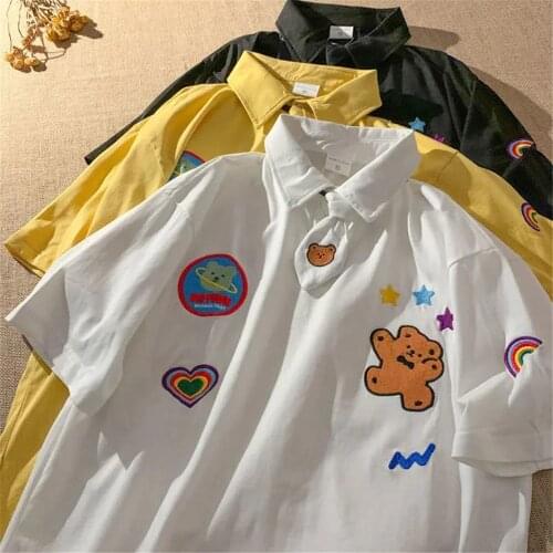 Casual Summer Embroidery Polo Shirt Harajuku Japan Casual High Street T Shirt Hip Hop Punk Loose Student Shirt Funny Tops Girl
