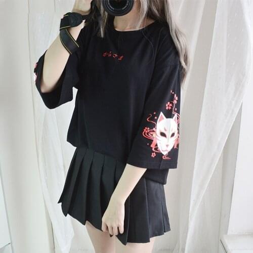 Japanese Harajuku T Shirt Women Vintage Kawaii Anime Cat Girls Black Tops Lolita Gothic Animal Print Oversized Cute Tee Shirts