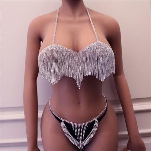 Ladies Tassel Body Chain Set Bra Panty Chain Jewelry Women 's Bikini Underwear Bling Crystal Nightclub Rhinestone Sexy Party