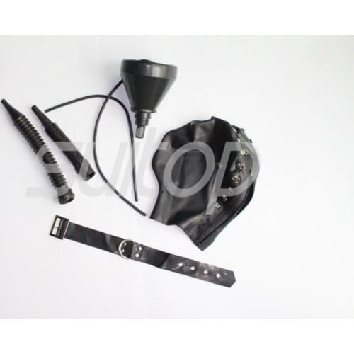 Unisex latex hoods with-pipe black tobacco pipe mask(includeing belt)
