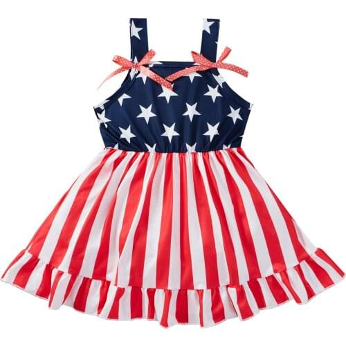 OPPERIAYA Toddler Independence Day Dress Baby Girls Sleeveless Star Striped Print Strap Summer Square Collar Bowknot Dresses