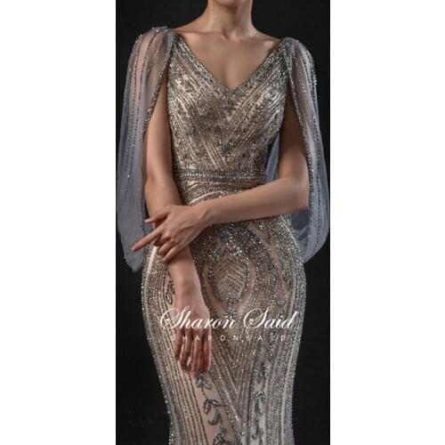 Luxury Dubai Gray Beaded Mermaid Evening Dress Cape Sleeve Arabic Burgundy Prom Formal Dresses Long Women Wedding Party Gowns