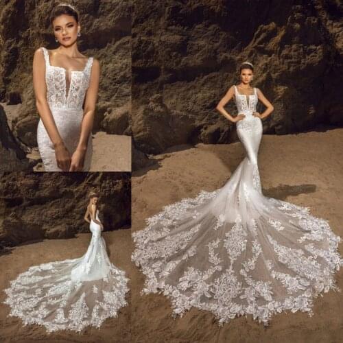 New Wedding Dresses Square Collar Lace Appliques Mermaid Bridal Gowns Custom Made Backless Sweep Train Beach Wedding Dress