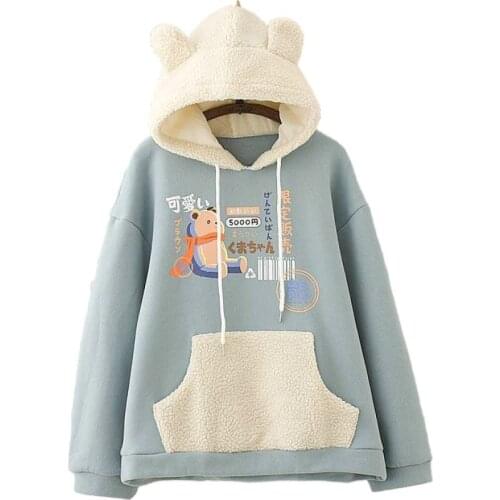 Winter Preppy Style Cute Bear Print Loose Hooded Sweatshirt With Ears On Hood Pullovers Pocket Fleece Warm Hoodies Women 2011836
