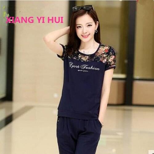 Women Sets 2 Pieces Bud silk printing Lady Clothing Set Large Size XL-4XL 2018 Summer High quality brand Tops + Pants 2 pieces