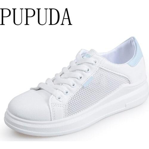 PUPUDA White Sneakers Women Mesh Breathable Canvas Shoes Women Summer Lace Up White Shoes Female Casual Sport Sneakers