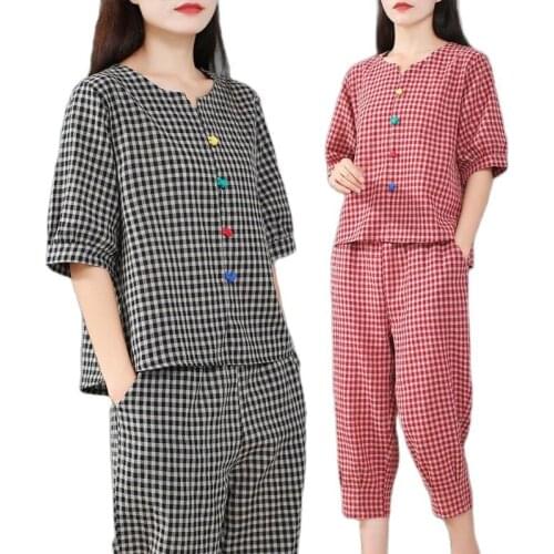 Female Fashion Cotton Linen Set Summer Short-Sleeved Plaid Top Linen Two-Piece Suit For Small Women Casual Cropped Trousers L745