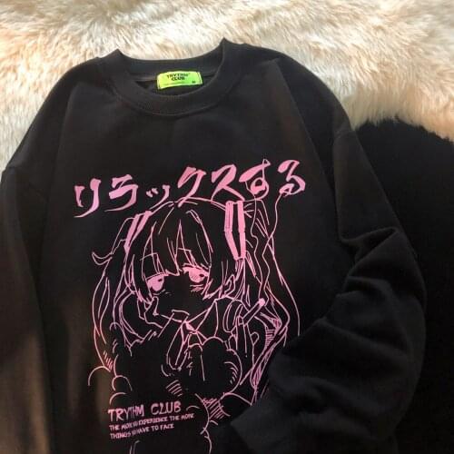 High Quality Goth Fun Girl Sweatshirt Japan Kanji Print Oversized Hip Hop 2021 New Harajuku Fashion Teens Clothes Casual Tops