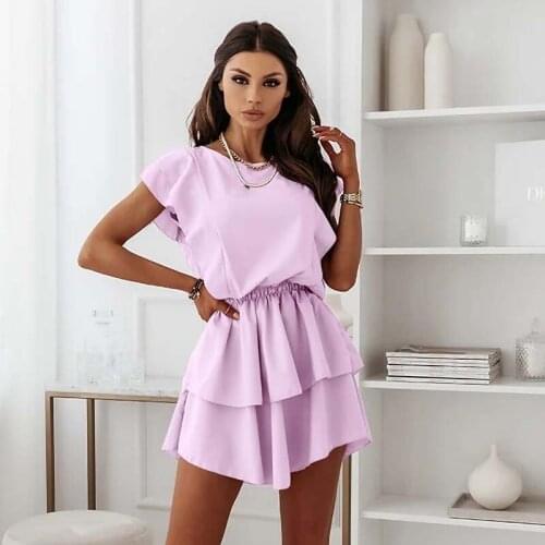 2021 Summer Dress Women Fashion Solid Color Short Sleeve O-neck Ruffled Double-layer Sexy Mini Dress Loose Streetwear Dress