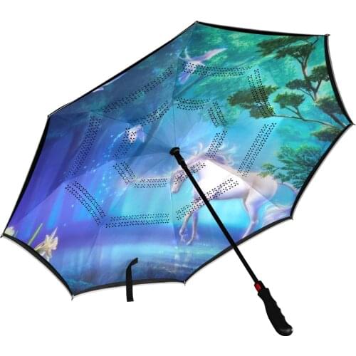 New Arrival Waterproof 3D Horse Print Automatic Reverse Umbrella Long Handle Inverted Double Layer Rain Umbrella Male For Car