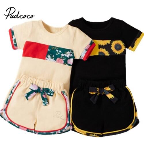 2 Pcs Infant Color Block Outfits, Baby Flower Print Short Sleeve Round Neck T-shirt + Bowknot Shorts