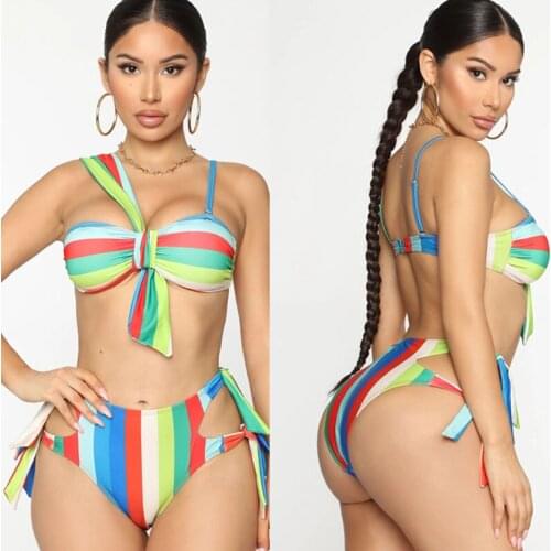 Asymmetry Bandage Bikini Set Push-Up Swimwear Women Two-piece Stripe Swimsuit 2021 Female Sexy Bathing Suit Brazilian Biquini