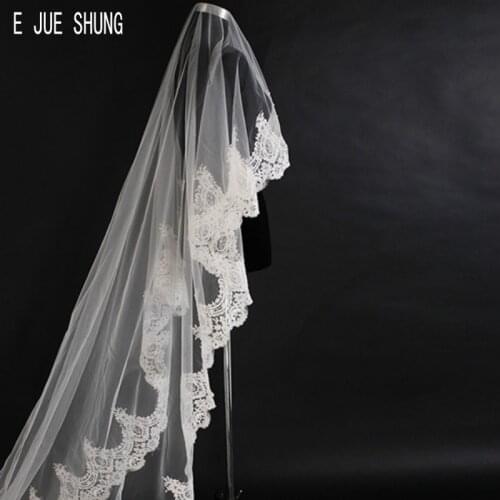 E JUE SHUNG Long Bridal Veils Applique Edge Lace Wedding Veils Mariage Elegant velos de novia Wedding Accessories In Stock