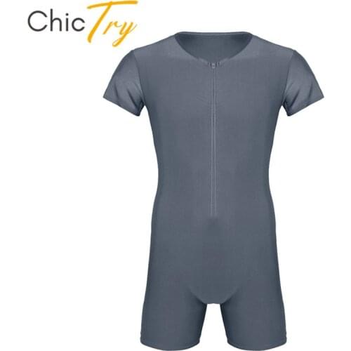 ChicTry Adult Short Sleeve Front Zipper One-piece Ballet Gymnastics Leotard Men Bodysuit Jumpsuit Sports Gym Unitards Dance Wear