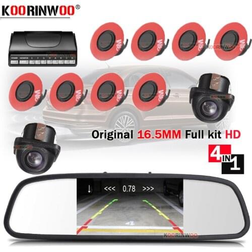 Koorinwoo 4 In 1 Dual Double CPU Visible 5" Car Monitor Mirror Car Parking Sensor 8 Jalousie Rear Camera 13mm Radar Alert sensor