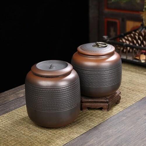 Creative Purple Pottery Tea Caddy Household Large Retro Moisture Proof Sealed Pu'Er Storage Tank Teaset Accessories