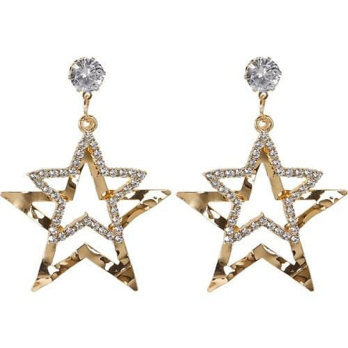 Fashion Atmosphere Double Hollow Star Earrings Female Wild Zircon Pentagram Exaggerated Personality Earrings Gift