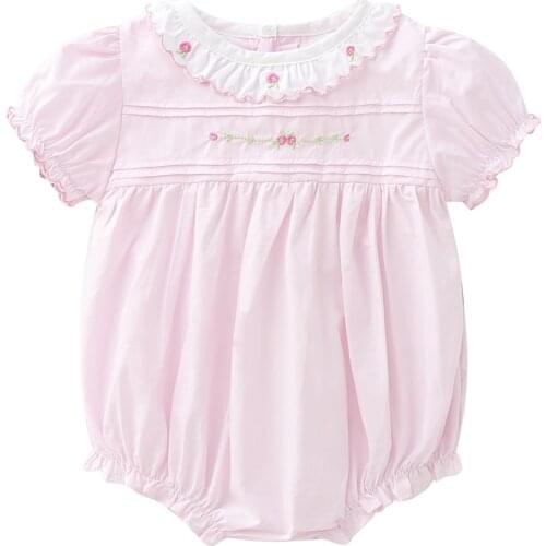 New 2021 summer childrens clothing baby pink exquisite embroidered one-piece cotton ruffled triangle romper