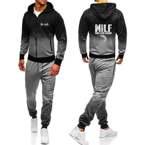 2021 New Spring and Autumn Milf Man I Love Printing Fishing Casual Sweatpant Harajuku Jackets Sport Hip Hop Gradient Hoodie Suit