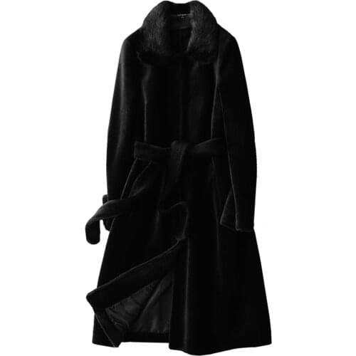 Natural coat, womens long winter mink fur collar, sheep shearing, 100% wool jacket, 2020, Manto for women