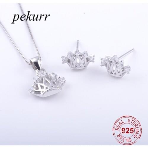 Pekurr 925 Sterling Silver 3D Crystal Queen Crown Earrings Necklace Sets For Women Elegant Pendants Wedding Jewelry Sets