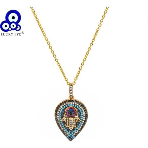 Lucky Eye Hamsa Hand Pendant Necklace Gold Color Chain Micro Pave Colorful Zircon Water Drop Necklace for Women Female EY6647